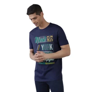 Men's Casual Half sleeve Printed Polyester Crew Neck T-shirt (Navy)