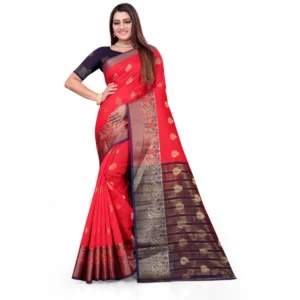 Women's Silk Blend Woven Saree With Unstitched Blouse 5.5Mtr (Red)