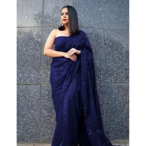Women's Georgette Embellished Sequnece Bollywood Saree With Unstitched Blouse 5.5Mtr (Blue)