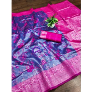 Women's Banarasi Jacquard Printed Saree With Unstitched Blouse 5.5Mtr (Navy Blue)