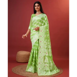 Women's Cotton Silk Printed Saree With Unstitched Blouse 5.5Mtr (Light Green)